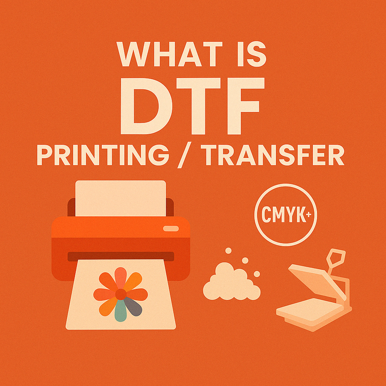 Graphic explaining DTF printing process with printer, flower design, and CMYK color mode.