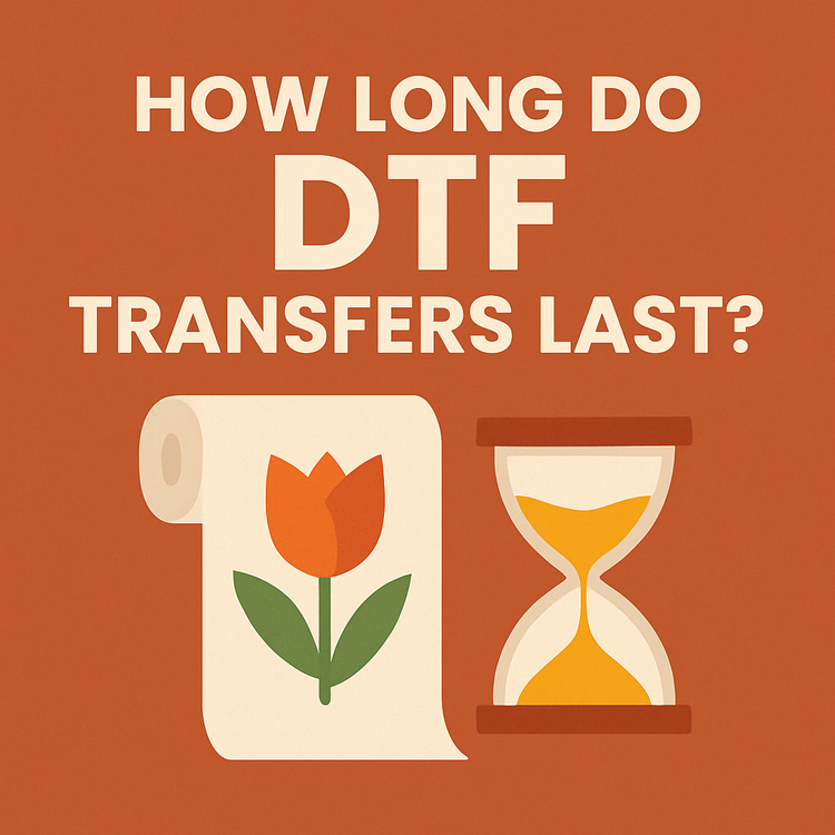 Graphic illustrating the question 'How long do DTF transfers last?' with floral design and hourglass.