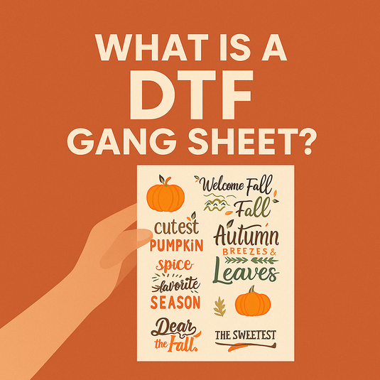 Illustration of a hand holding a DTF gang sheet with fall-themed graphics and text.